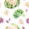 Cauliflower, garlic, spinach watercolor hand draw illustration seamless pattern