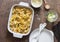 Cauliflower mac and cheese on the brown wooden table