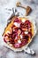 Cauliflower pizza crust with figs, radicchio, goat cheese and red grapes. Vegetarian, grain free, low carb, gluten free diet