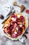 Cauliflower pizza crust with figs, radicchio, goat`s cheese and red grapes. Vegetarian, grain free, low carb, gluten free diet
