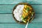 Cauliflower spicy curry rice wooden background copy space top vi