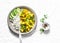 Cauliflower, squash, zucchini, turmeric, yogurt stir fry with rice on a light background, top view. Vegetarian diet healthy food