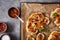 Cauliflower steaks with herb and spice on baking tray. plant based meat substitute