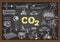 The causes of CO2 and the solution of reducing Carbon Dioxide illustration on chalkboard.  Stock vector