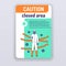 Caution danger brochure template. Closed area cover design. Man in protective suit magazine poster. Print design with linear