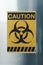 Caution danger sign. Biohazard sign on deep freezer