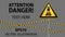 Caution - danger Warning sign safety. Beware of train. yellow triangle with black image. sign on pole and protecting ribbons. Vect