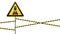 Caution - danger Warning sign safety. Beware of train. yellow triangle with black image. sign on pole and protecting ribbons. Vect