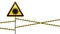 Caution - danger Warning sign safety. Danger, laser radiation. yellow triangle with black image. sign on pole and protecting ribbo