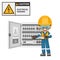 Caution, electrical hazard. Industrial electrician worker manipulating electrical box or high voltage electrical switch panel.