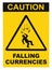 Caution Falling Currencies Objects Warning Sign Concept Isolated, black drop triangle over yellow, large macro, US Dollar, EU Euro