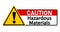 Caution, hazardous material. Yellow triangle warning sign. Text on red and white background by side