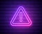 Caution neon sign on brick wall. Glowing exclamation mark icon. Warning symbol. Attention button. Realistic night