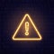 Caution neon sign on brick wall. Glowing gold exclamation mark icon. Warning symbol. Attention button. Realistic night