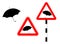 Caution rain slippery road. Silhouette logo sign. Vector illustration. Humor. Road sign umbrella in red triangle