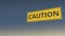 CAUTION sign an a mesh wire fence against blue sky. 3D animation