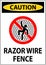 Caution Sign Razor Wire Fence On White Background