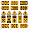 Caution signs. Danger warning yellow and black tape, poison biohazard striped signs, high voltage security perimeter