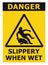 Caution Slippery When Wet Text Sign, Black Yellow Isolated Floor Surface Area Danger Warning Triangle Safety Icon Signage, Large