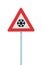 Caution, snow or ice road sign, isolated, slippery icy risky winter traffic ahead, snowfall risk warning signpost, black snowflake