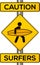 Caution surfers vector yellow road sign