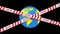 Caution tape danger red and white warnings lines crosswise over Earth globe