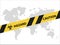 Caution tape. Yellow warning ribbon. on world map. Coronavirus is danger to all mankind.. Covid-19 concept for news