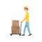 Cautious Worker With Cart An Boxes, Delivery Company Employee Delivering Shipments Illustration