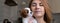 Cavalier King Charles Spaniel Blenheim. Banner. Close up portrait of Cute dog puppy with woman hostess