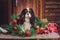 Cavalier king charles spaniel dog with christmas decorations at cozy wooden country house