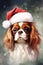 Cavalier King Charles Spaniel dog in christmas santa claus hat watercolor art. Christmas Charles Spanie illustration. Horizontal