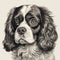 Cavalier King Charles Spaniel dog, engraving style, close-up portrait, black and white drawing, cute dog,