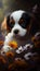 A Cavalier King Charles spaniel looks sad and solemn while sitting in a field of flowers