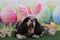 A cavalier king charles spaniel is lying on the floor with funny bunny ears on his head and a basket with colorful easter eggs is