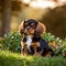 Cavalier King Charles Spaniel puppy sitting on the green meadow in a summer green field. Portrait of a cute Cavalier King Charles