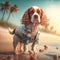 Cavalier king dog in summer fashion outfit. Summer cavalier king charles spaniel dog breed animal wearing beach attire.
