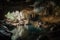 cave with crystal-clear pool of water, surrounded by spelunking formations