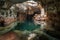 cave with crystal-clear pool of water, surrounded by spelunking formations