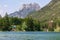 Cave Del Predil - Scenery of Lake Predil with panoramic view of majestic mountain peak Cinque Punte