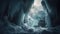 a cave filled with lots of ice and snow covered rocks and water flowing down it\\\'s sides, with a light at the end of the cave