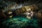 cave with intricate and delicate formations, in crystal clear water