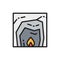 Cave life, fire, hearth, prehistoric home flat color line icon.