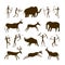 Cave paintings - ancient hand-painted petroglyphs. Various animals and hunters in a primitive tribal style.