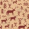 Cave paintings vector seamless pattern, repetitive background inspired by prehistoric art with cavemen hunting animals