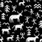 Cave paintings vector seamless pattern, repetitive background inspired by prehistoric art with cavemen hunting animals in white on