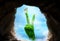 Cave portal to paradise land with peace sign tree nature hand