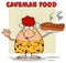 Cave Red Hair Woman Cartoon Mascot Character Holding A Big Steak And Gesturing Ok