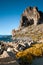 Cave rock and yellow sagebush of Lake Tahoe in Summer, Navada, U