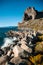 Cave rock and yellow sagebush of Lake Tahoe in Summer, Navada, U