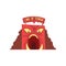 Cave of terror in form of red monster`s face with large teeth. Amusement park, carnival. Entertainment industry. Cartoon